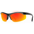 Sunglasses with black frame and red-orange lenses on a white background